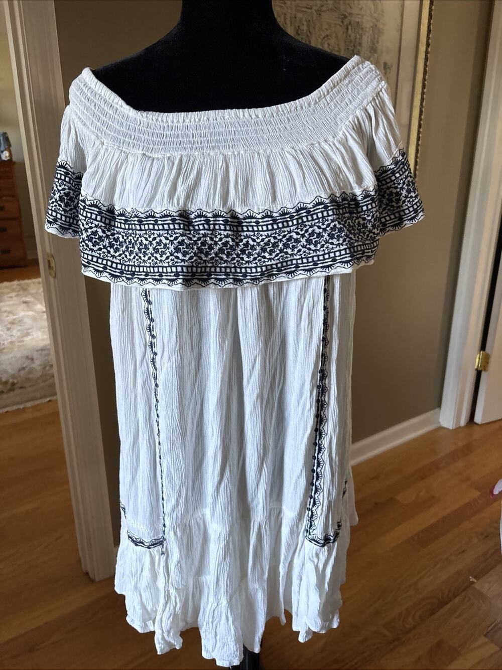 Muche & Muchette White Off The Shoulder GAVIN Dress One Size Blue Embroidery